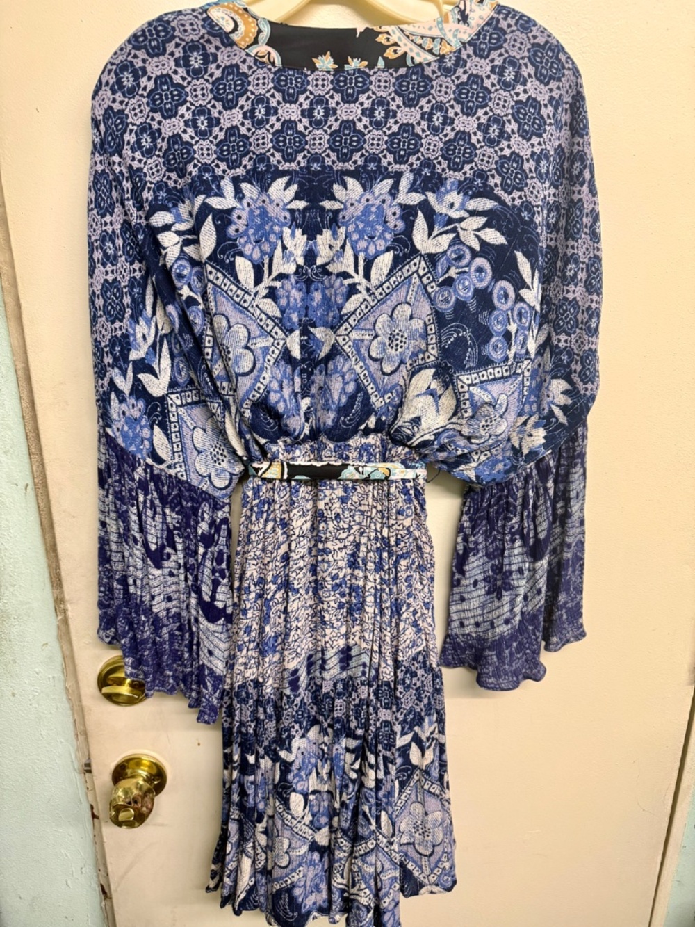 Free People Blue Bohemian Style Dress with Silk Floral Waist Tie | NWT - Picture 4 of 7